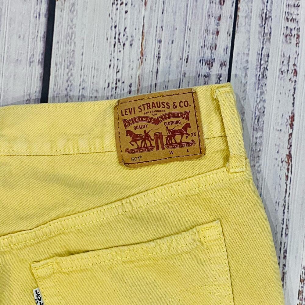 Levi’s 501 High Rise Straight Cropped Raw Hem Yellow Denim Jeans Sz W2 - Picture 3 of 9